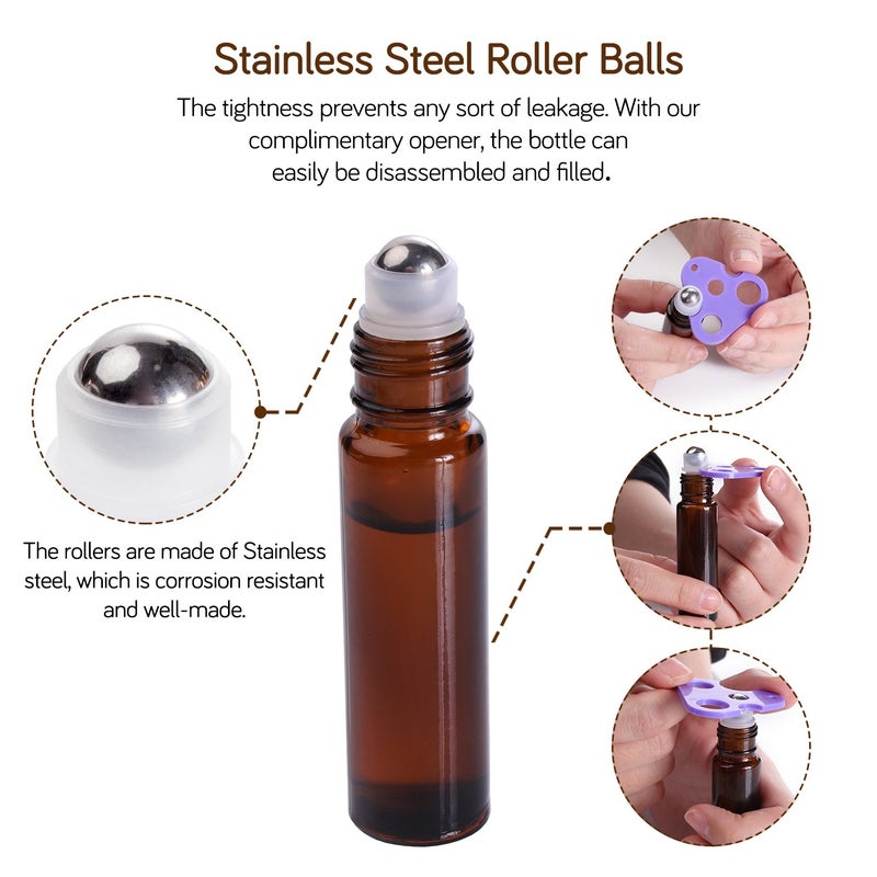 PrettyCare 12 Pack, 10 ml Essential Oil Roller Bottles with Stainless Steel Roller Ball - Refillable Leak-proof Empty Thick Amber Glass Roll on Bottles with Metal Caps for Travel, Perfume - Image 3